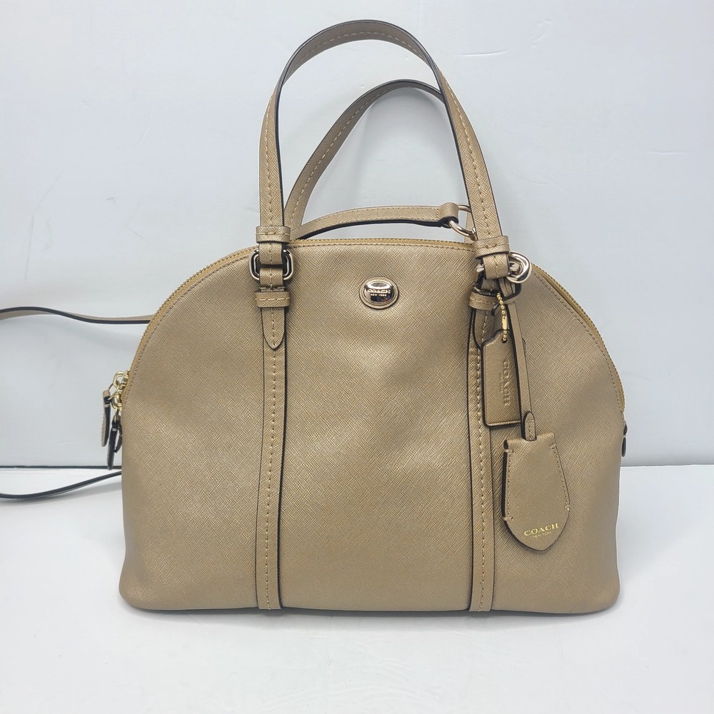 Coach Peyton Cora Domed Satchel Gold Saffiano Leather Crossbody Bag Purse F25671
